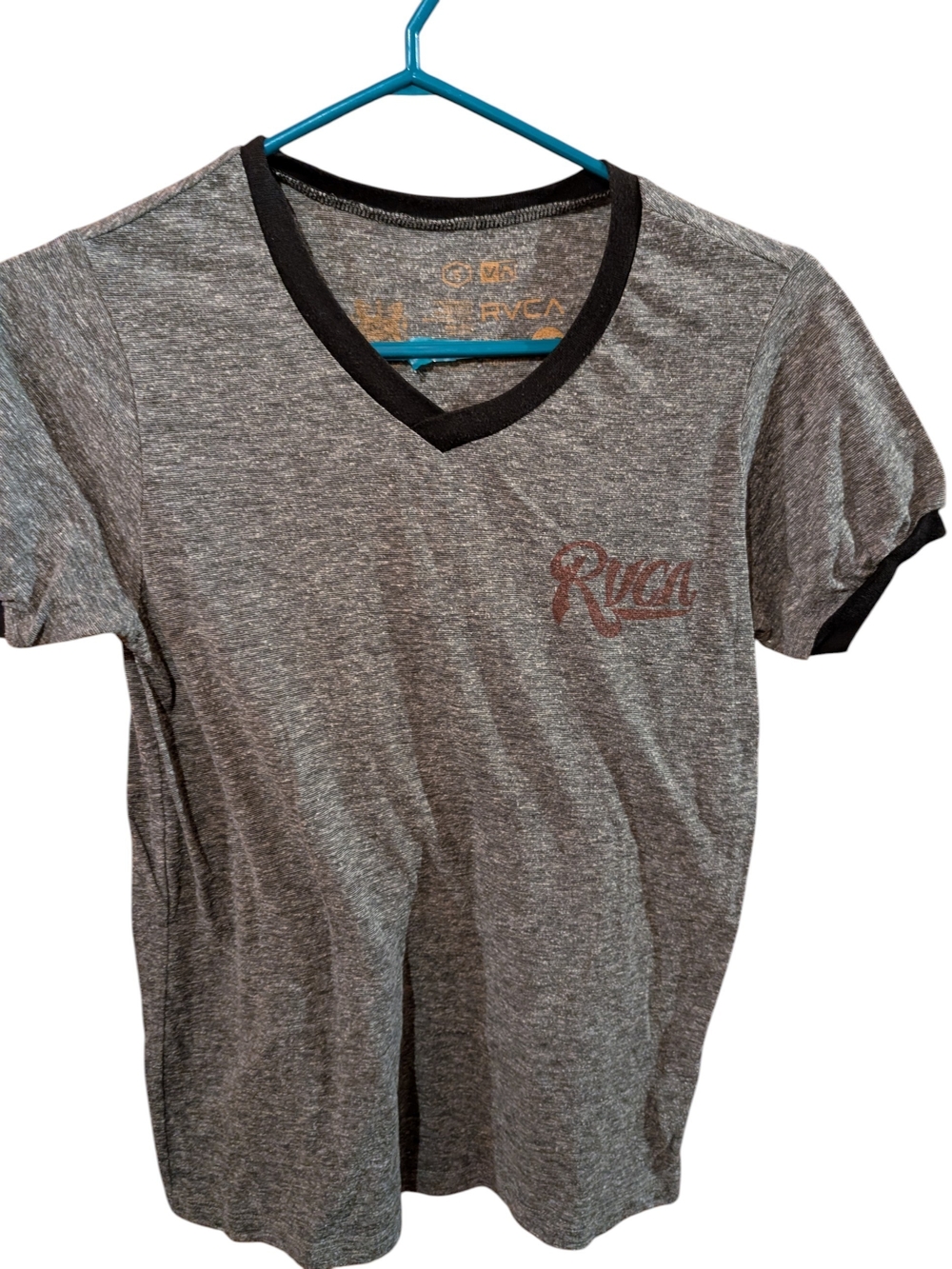 RVCA Women's Heather Gray V-Neck Tee with Black Trim